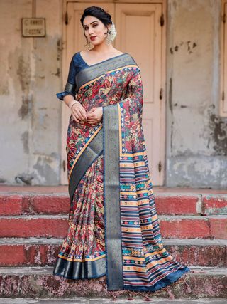 Blue Banarasi Silk Saree with Digital Ethnic Design