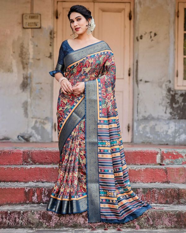 Blue Banarasi Silk Saree With Digital Ethnic Design