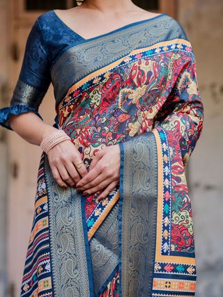 Blue Banarasi Silk Saree with Digital Ethnic Design