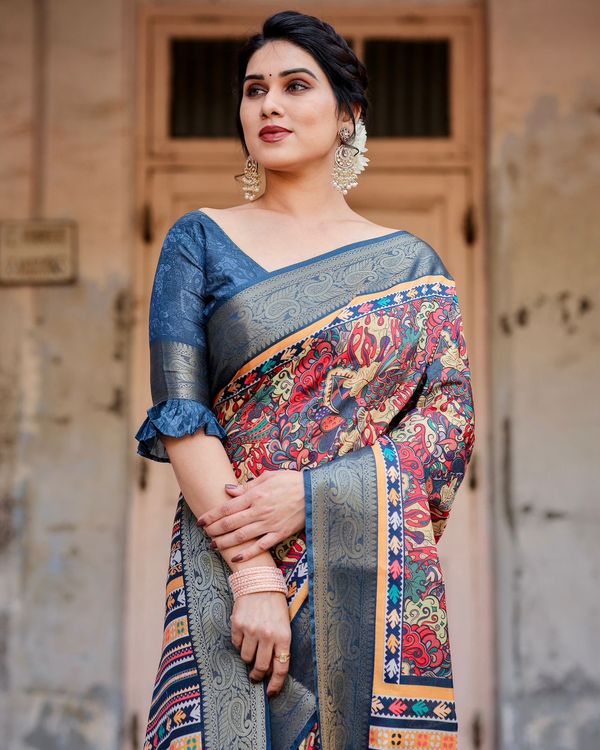Blue Banarasi Silk Saree with Digital Ethnic Design