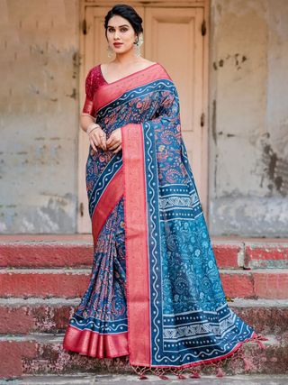 Blue Pink Banarasi Silk Saree with Zari Border