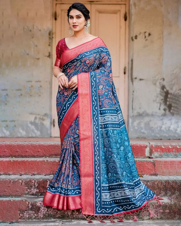 Blue Pink Banarasi Silk Saree with Zari Border