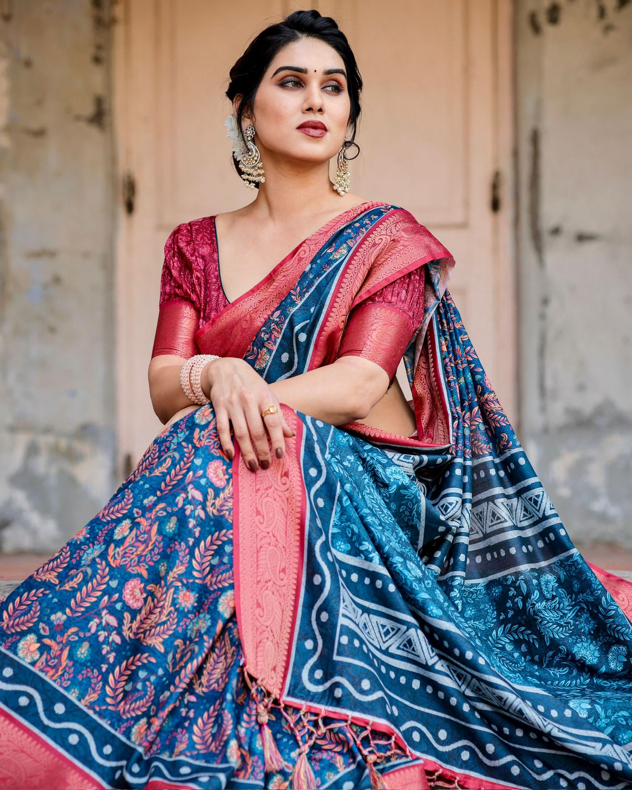 Blue Pink Banarasi Silk Saree with Zari Border