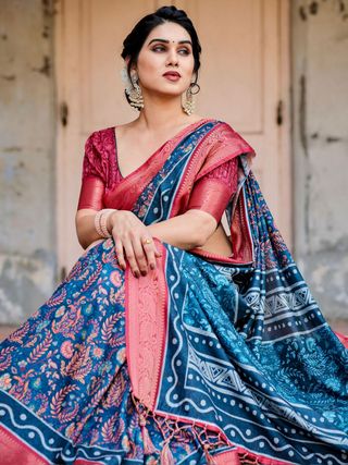 Blue Pink Banarasi Silk Saree with Zari Border