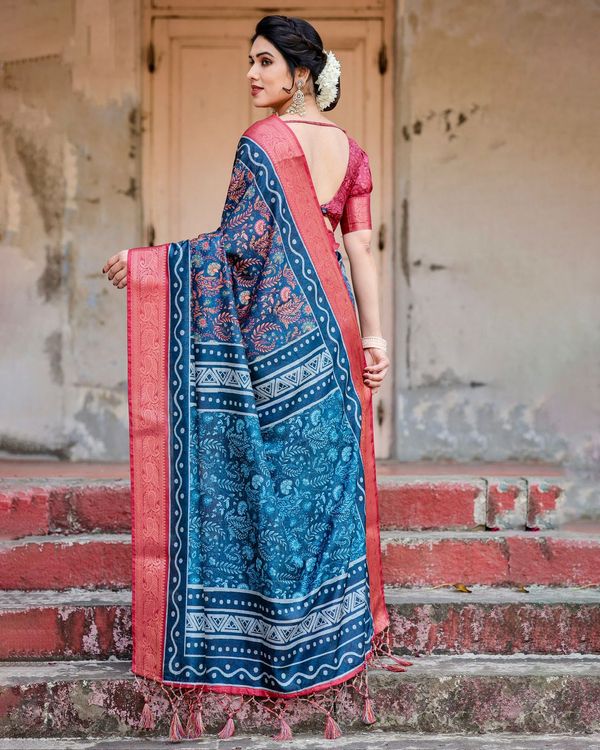 Blue Pink Banarasi Silk Saree with Zari Border