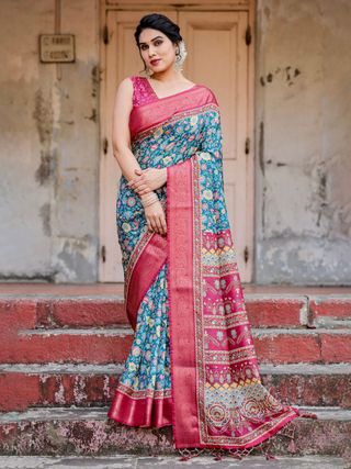Blue Pink Banarasi Silk Saree with Floral Pattern