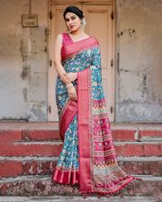 Blue Pink Banarasi Silk Saree with Floral Pattern - Blue