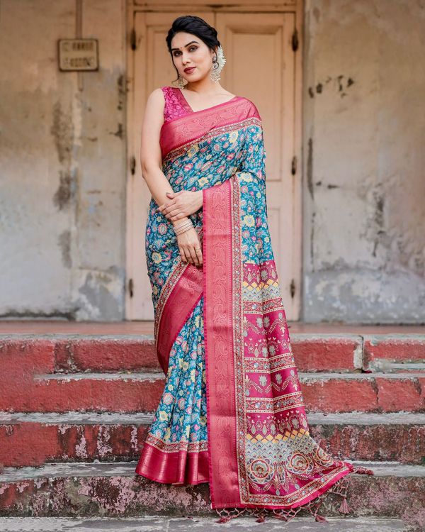 Blue Pink Banarasi Silk Saree with Floral Pattern