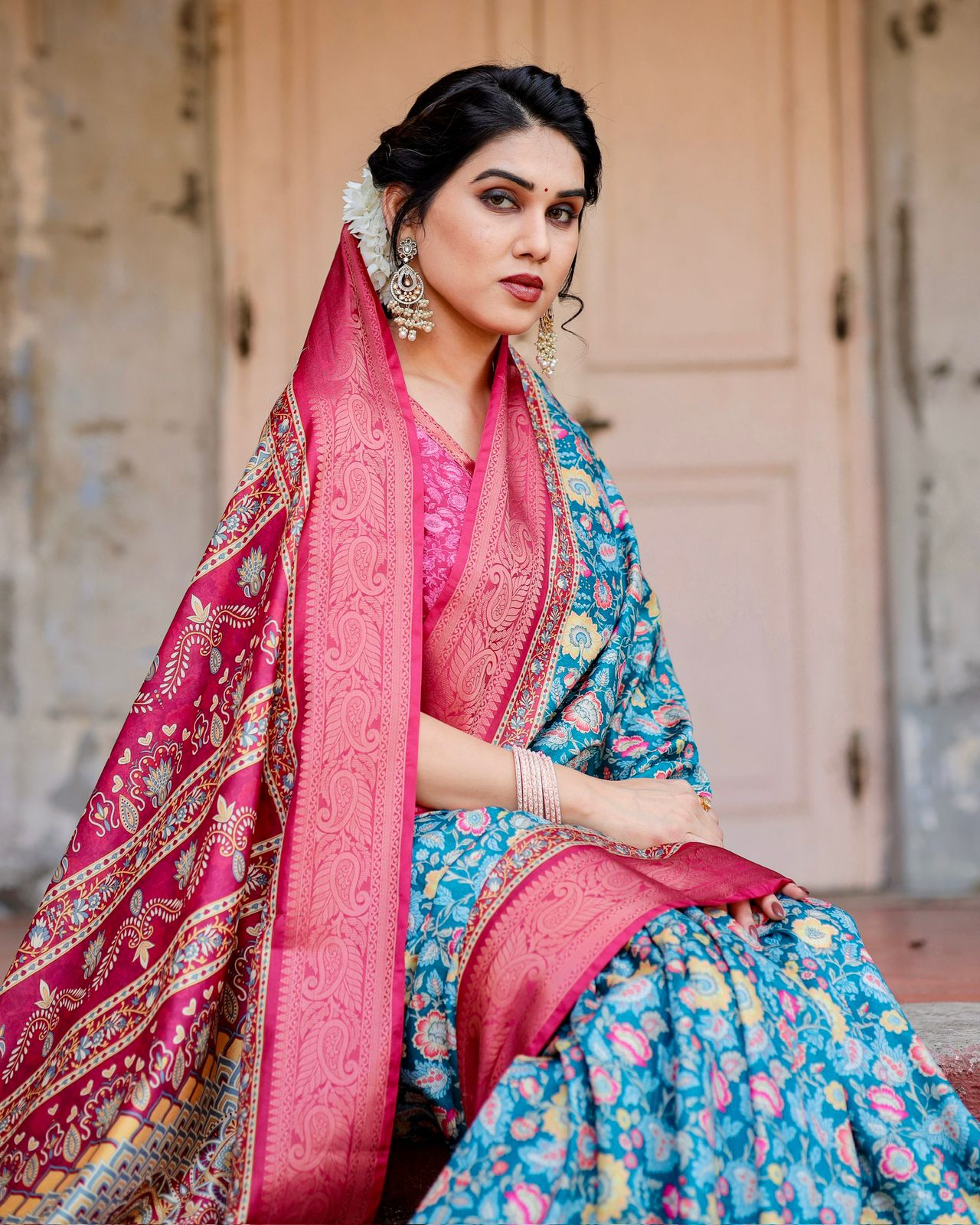Blue Pink Banarasi Silk Saree with Floral Pattern