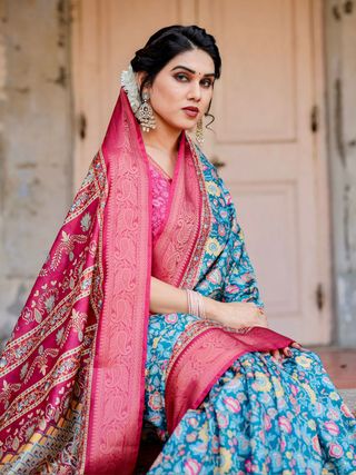 Blue Pink Banarasi Silk Saree with Floral Pattern