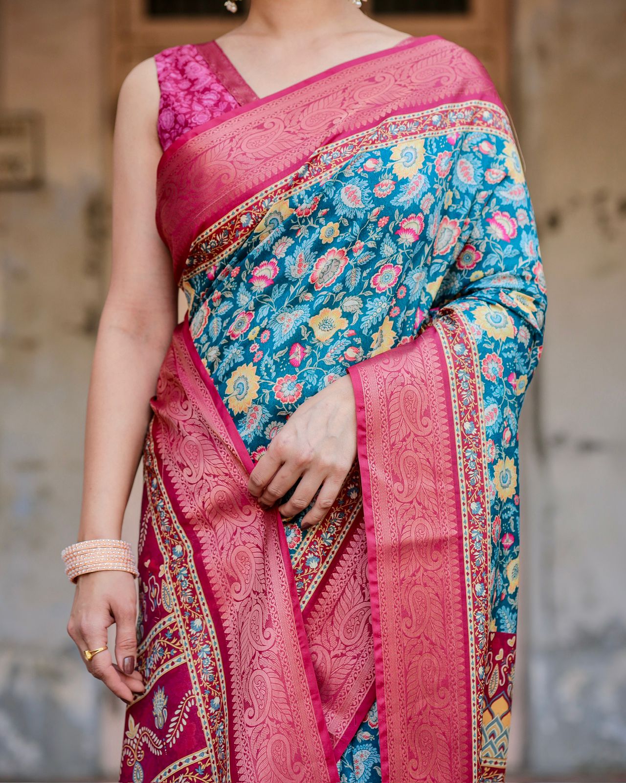 Blue Pink Banarasi Silk Saree with Floral Pattern