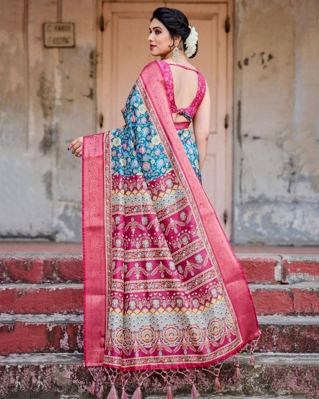 Blue Pink Banarasi Silk Saree with Floral Pattern