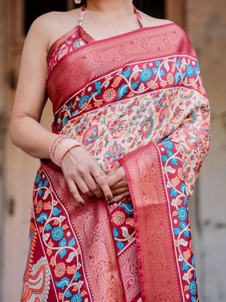 Red Beige Banarasi Silk Saree with Floral Pattern