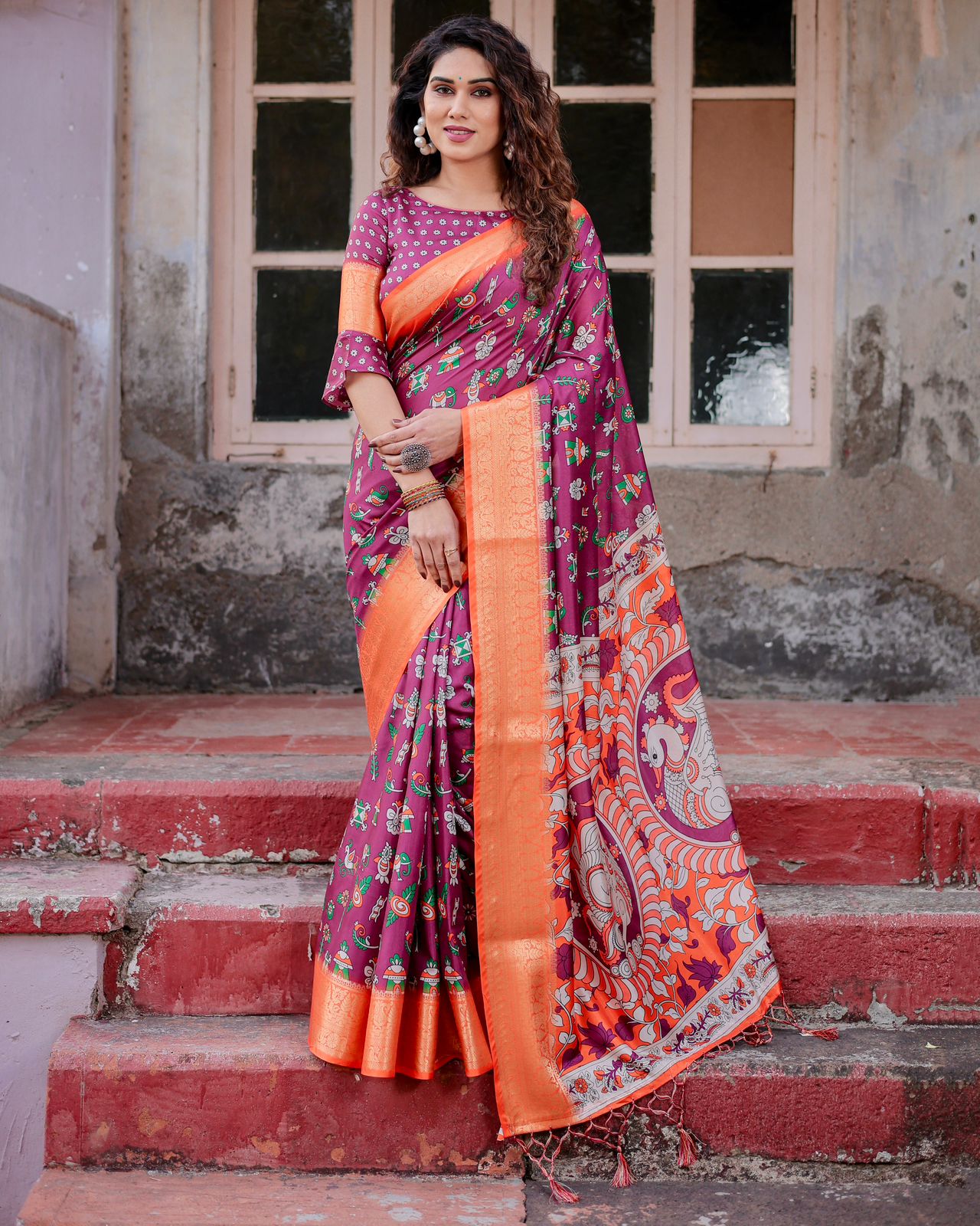 Purple Banarasi Silk Saree with Ethnic Print