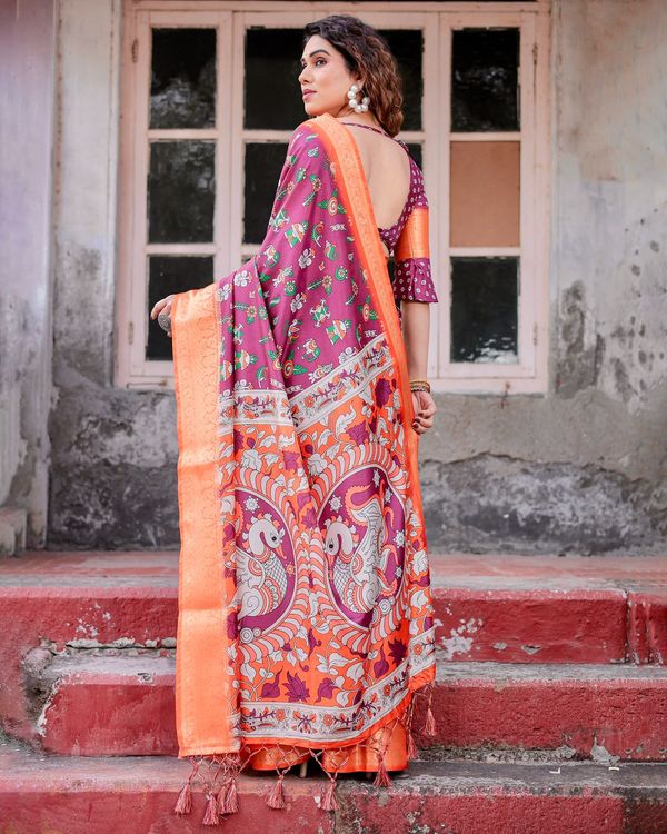 Purple Banarasi Silk Saree with Ethnic Print