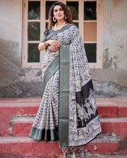 Grey Banarasi Silk Saree with Dragonfly Design - Gray / Grey