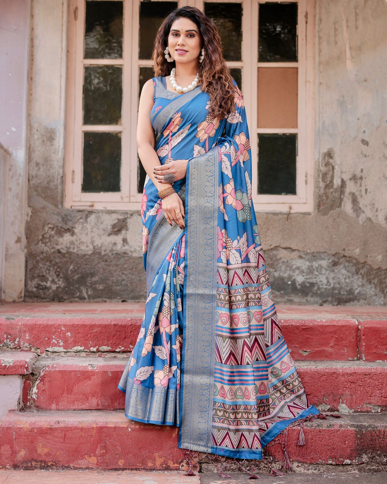 Blue Banarasi Silk Saree with Floral Design