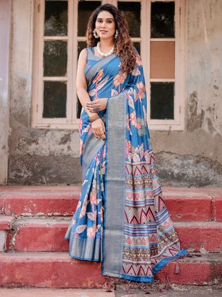 Blue Banarasi Silk Saree with Floral Design