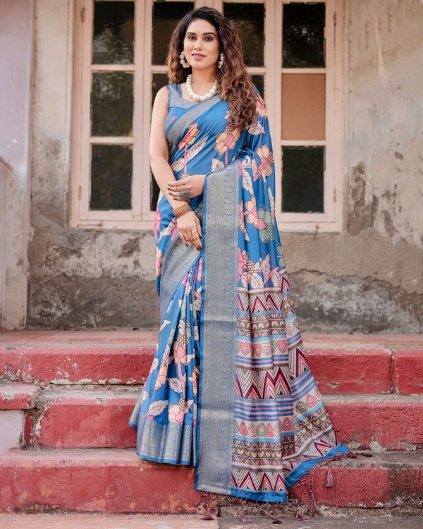 Blue Banarasi Silk Saree with Floral Design