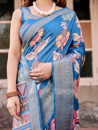 Blue Banarasi Silk Saree with Floral Design