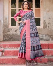 Black Pink Banarasi Silk Saree with Mandala Print - Black
