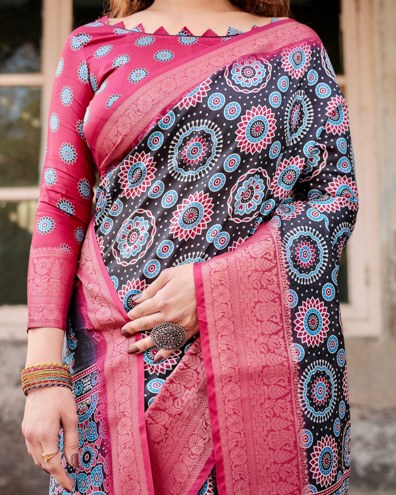 Black Pink Banarasi Silk Saree with Mandala Print