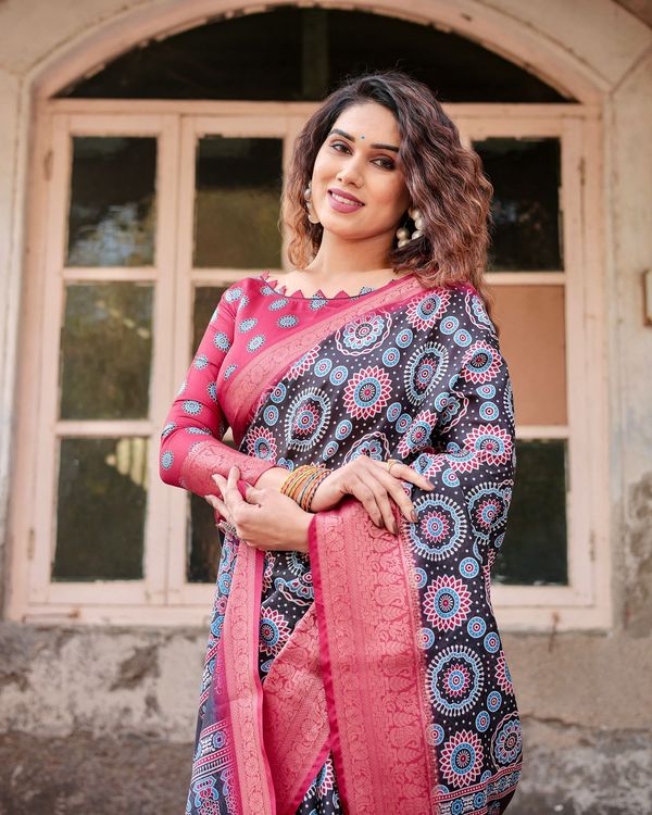 Black Pink Banarasi Silk Saree with Mandala Print