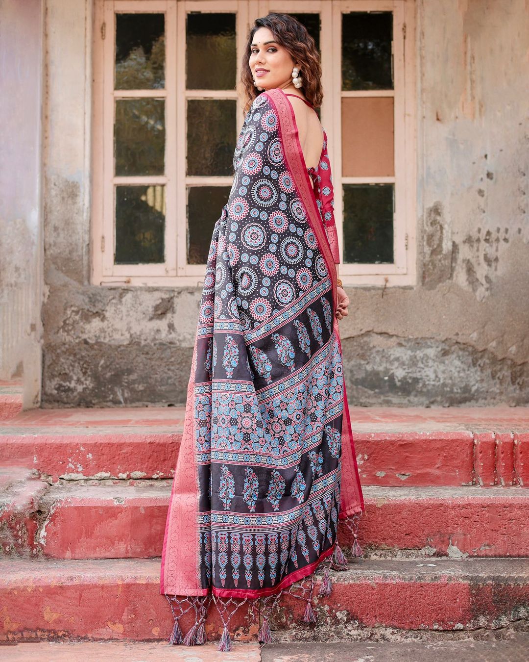 Black Pink Banarasi Silk Saree with Mandala Print