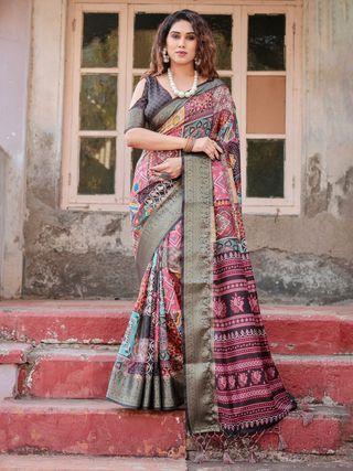 Multi Color Banarasi Silk Saree with Artistic Prints
