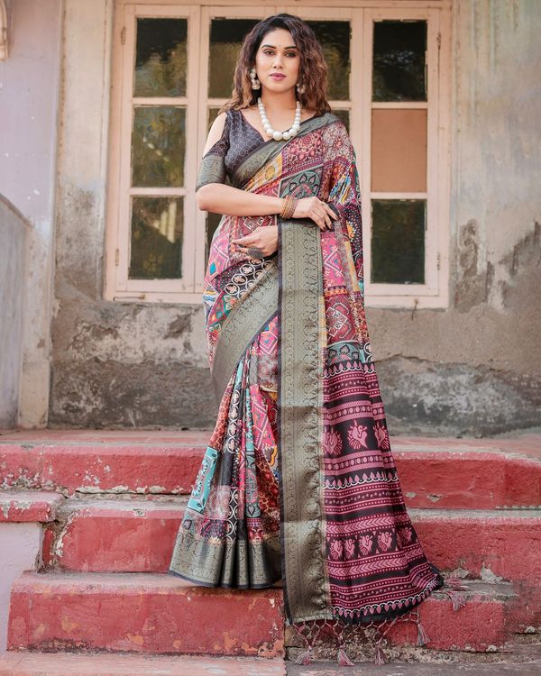 Multi Color Banarasi Silk Saree with Artistic Prints