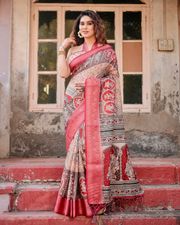 Banarasi Silk Saree with Pichwai Art & Zari Border - Beige