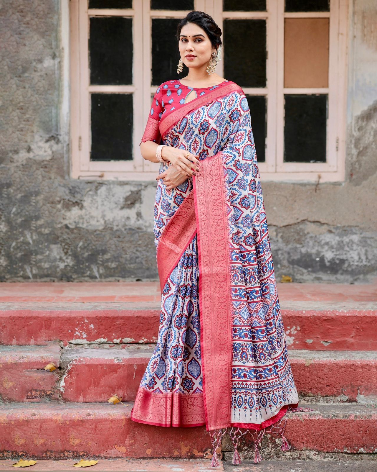 Red Blue Printed Banarasi Silk Saree Online India