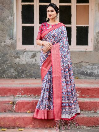 Red Blue Printed Banarasi Silk Saree Online India