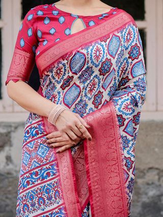 Red Blue Printed Banarasi Silk Saree Online India