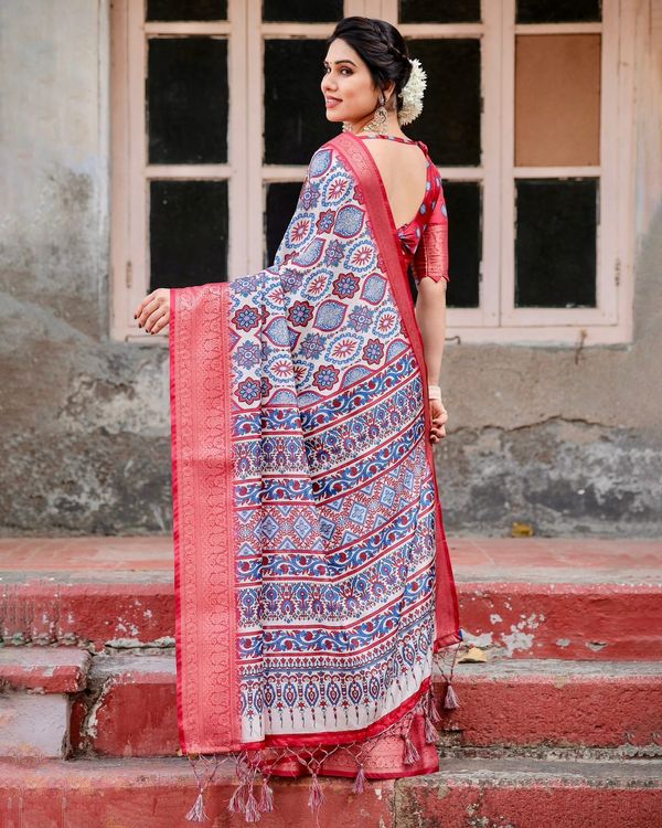Red Blue Printed Banarasi Silk Saree Online India