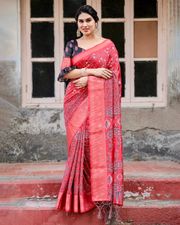 Bold Ajrakh Banarasi Saree for Elegant Festive Styling - Red