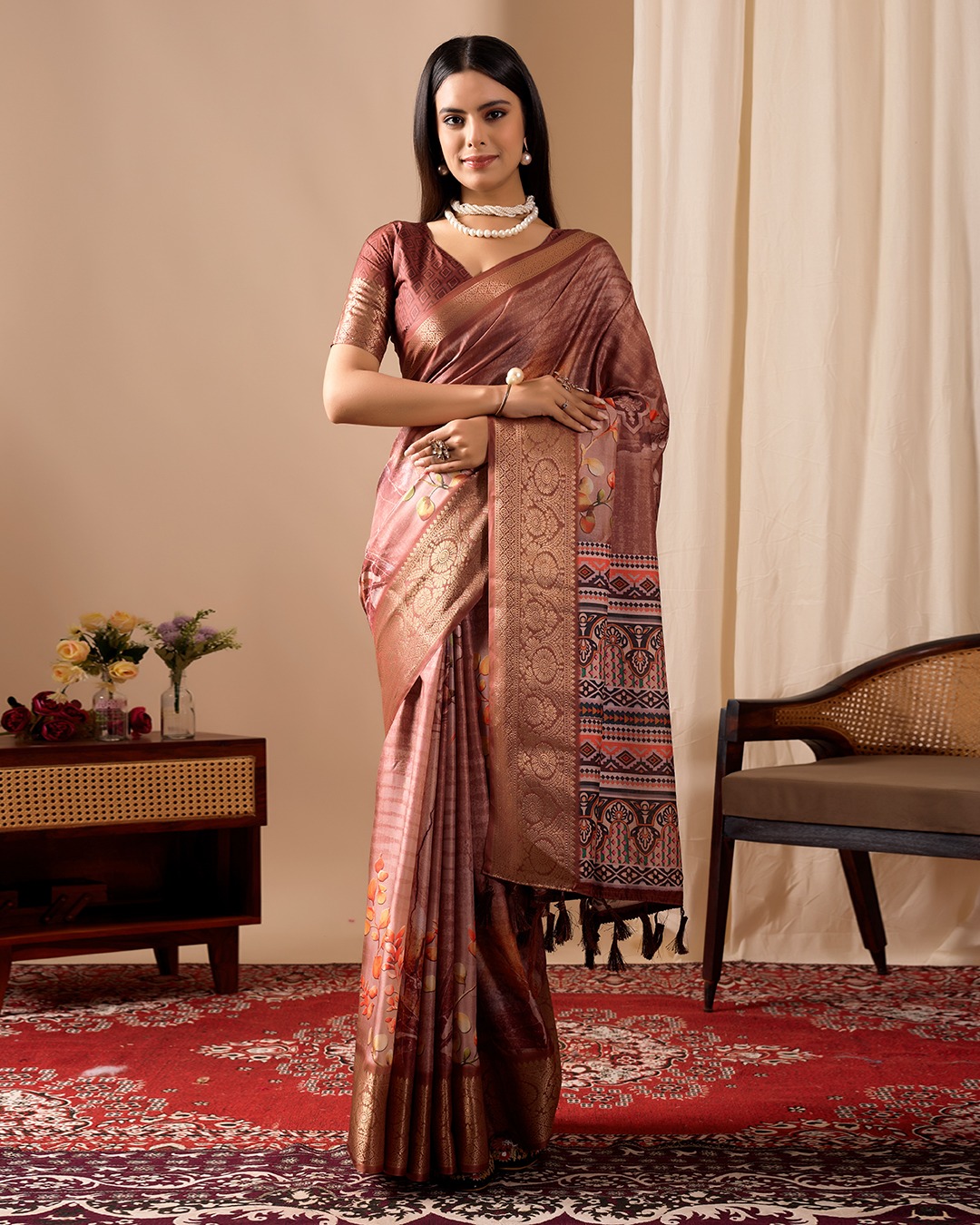 Elegant Rust Linen Cotton Printed Saree Set