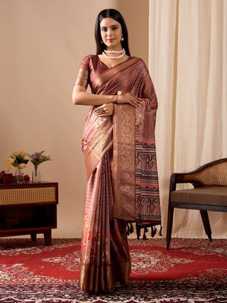 Elegant Rust Linen Cotton Printed Saree Set