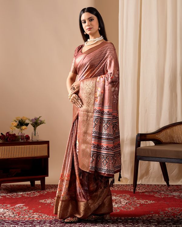 Elegant Rust Linen Cotton Printed Saree Set