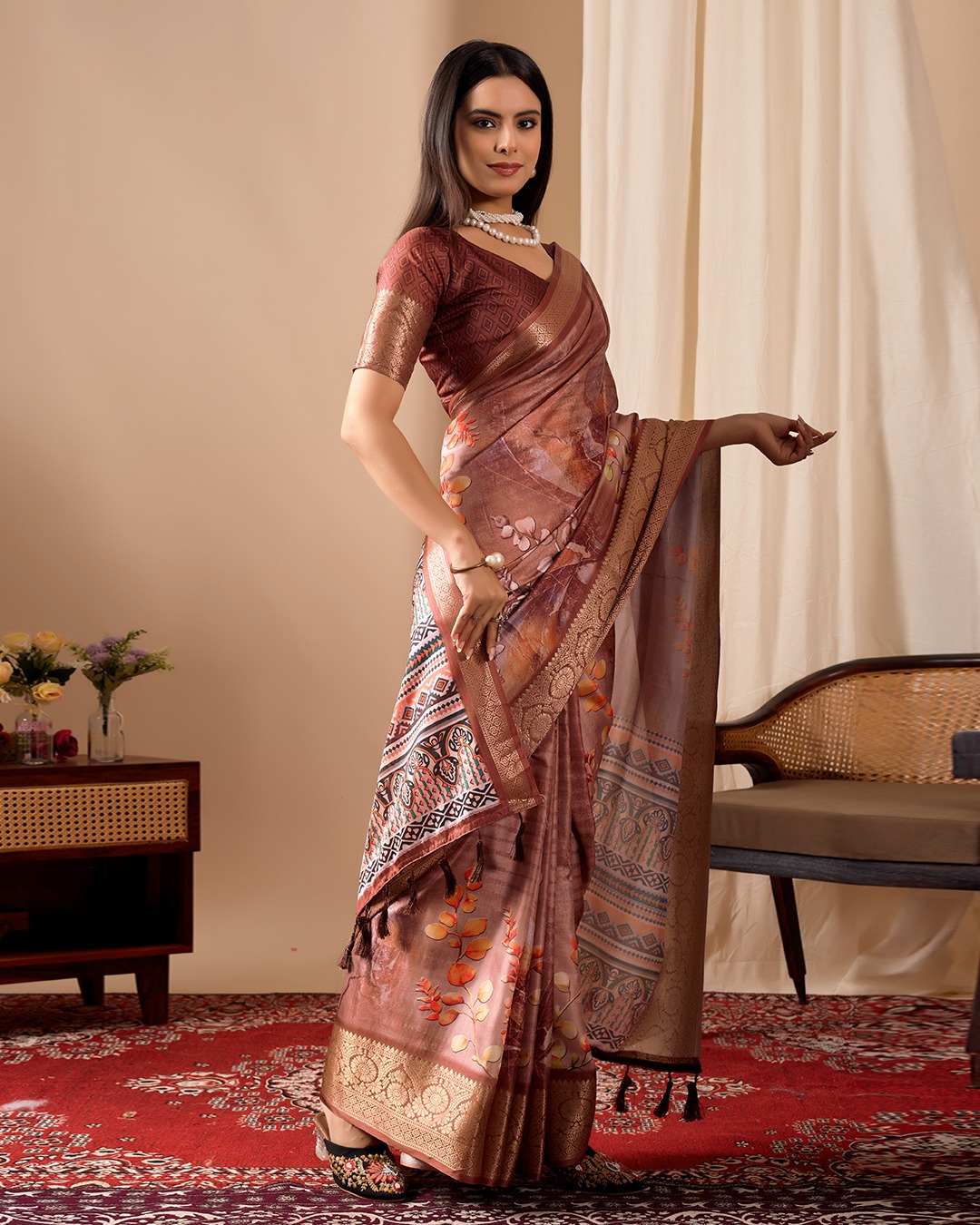 Elegant Rust Linen Cotton Printed Saree Set