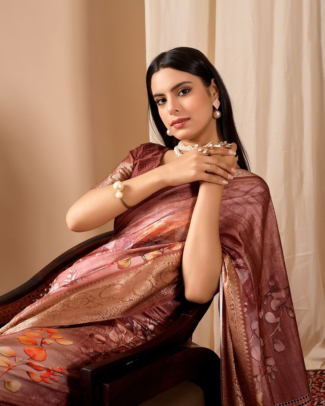 Elegant Rust Linen Cotton Printed Saree Set