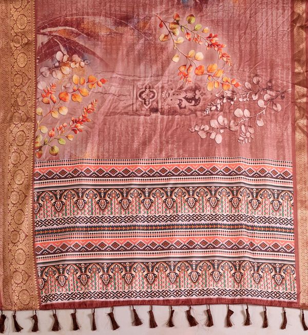Elegant Rust Linen Cotton Printed Saree Set