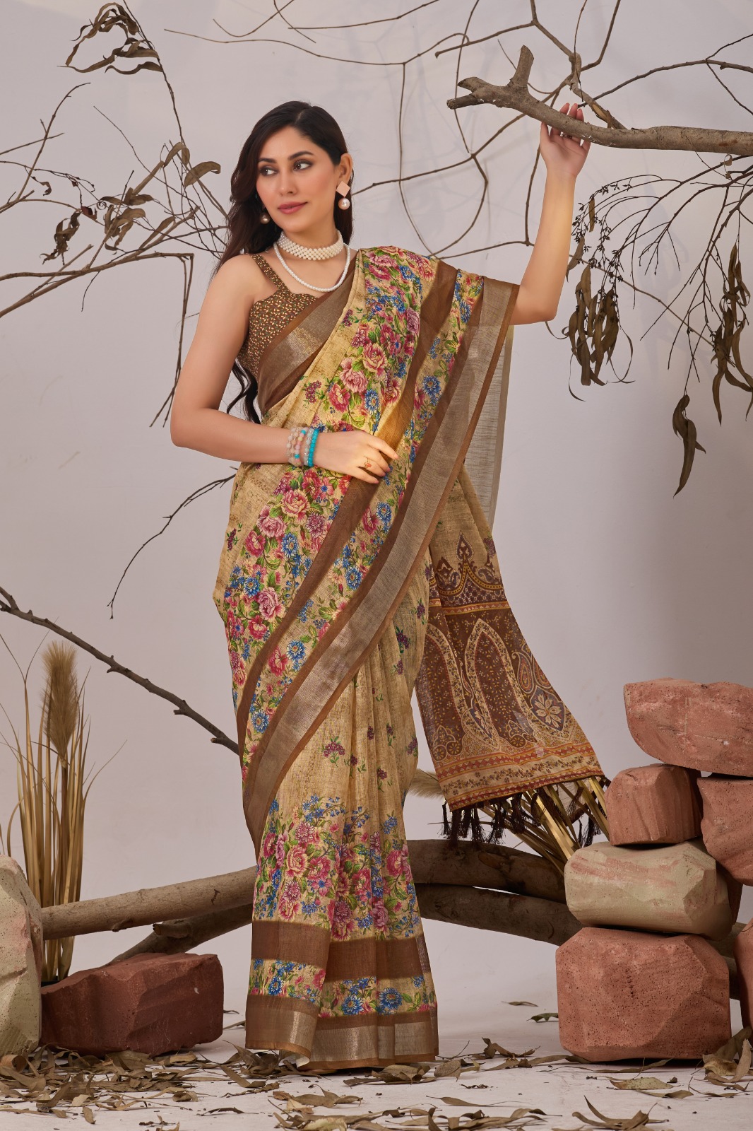 Floral Linen Cotton Saree with Printed Blouse