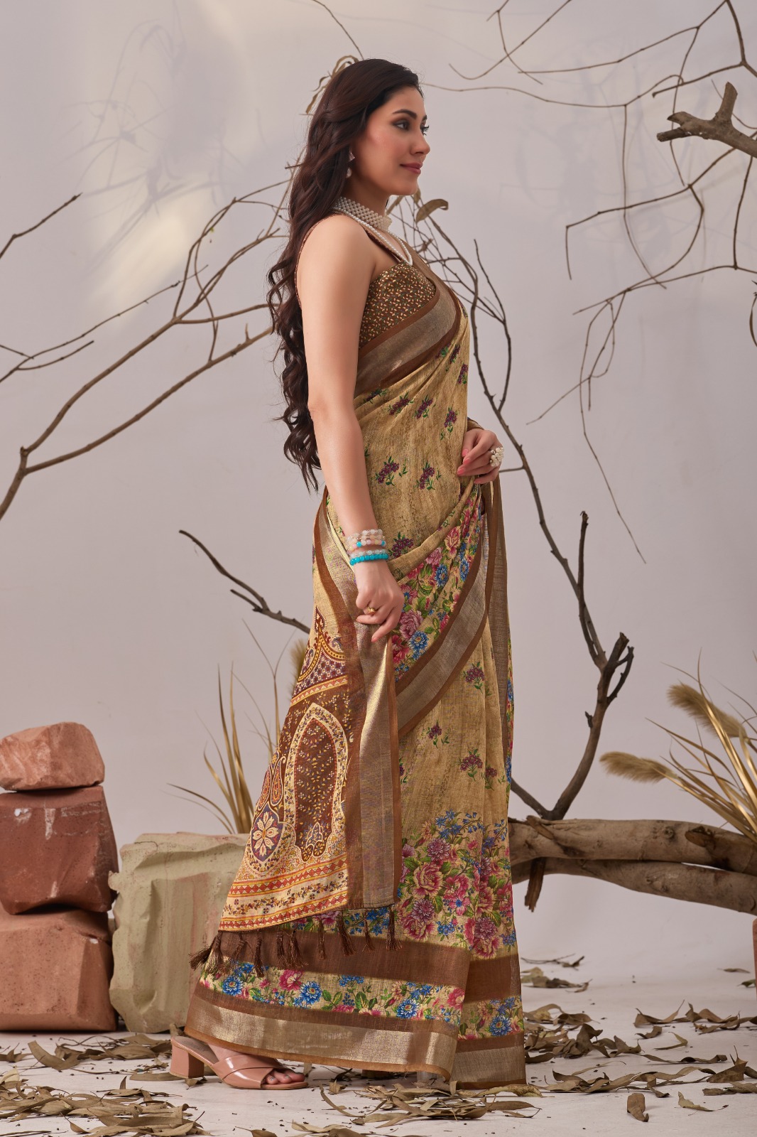 Floral Linen Cotton Saree with Printed Blouse