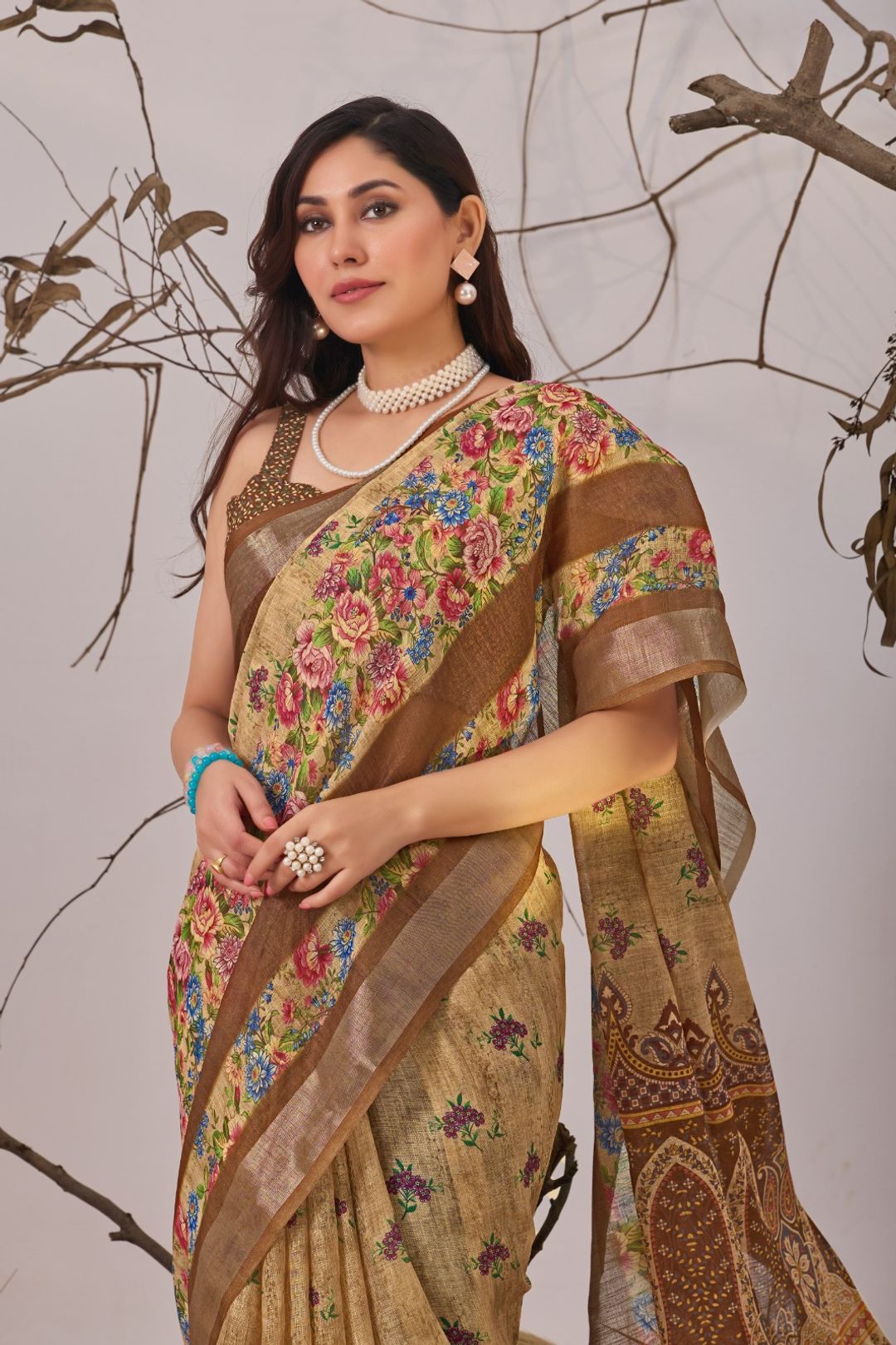 Floral Linen Cotton Saree with Printed Blouse