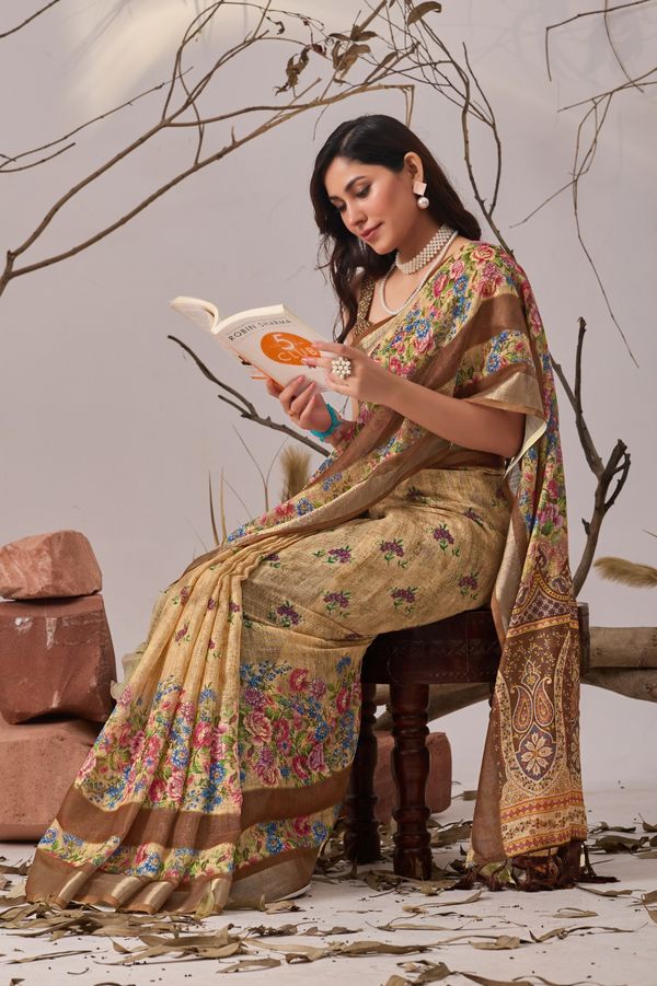 Floral Linen Cotton Saree with Printed Blouse