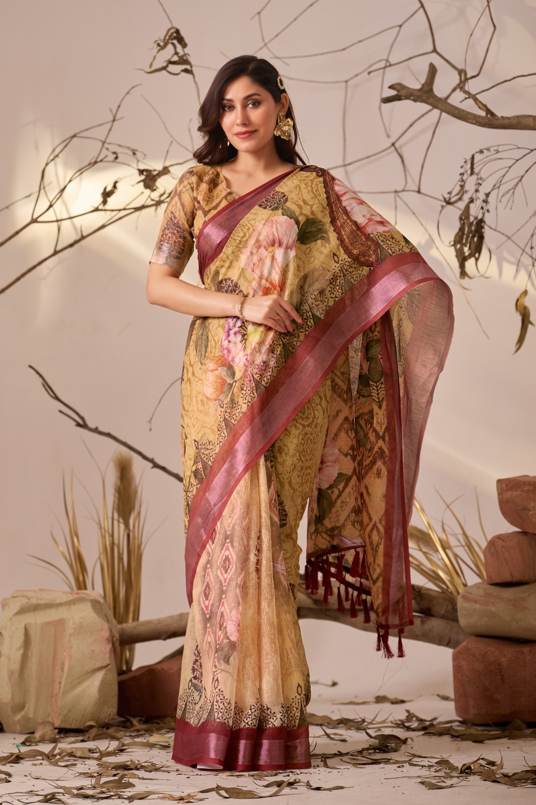 Traditional Beige Multicolor Printed Saree