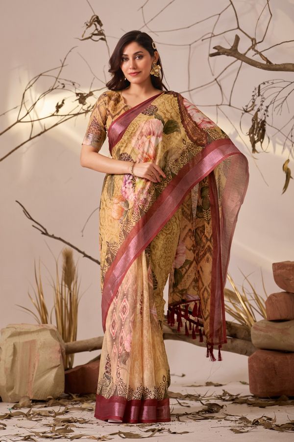 Traditional Beige Multicolor Printed Saree
