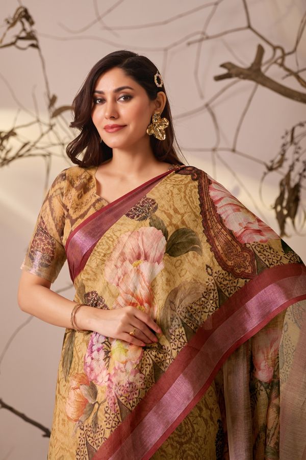 Traditional Beige Multicolor Printed Saree