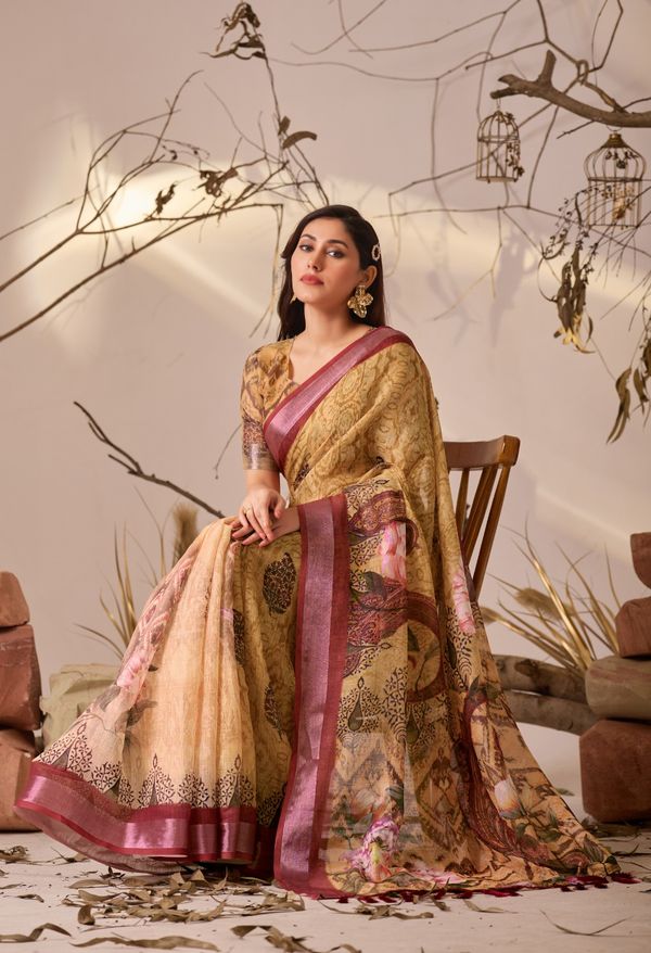 Traditional Beige Multicolor Printed Saree